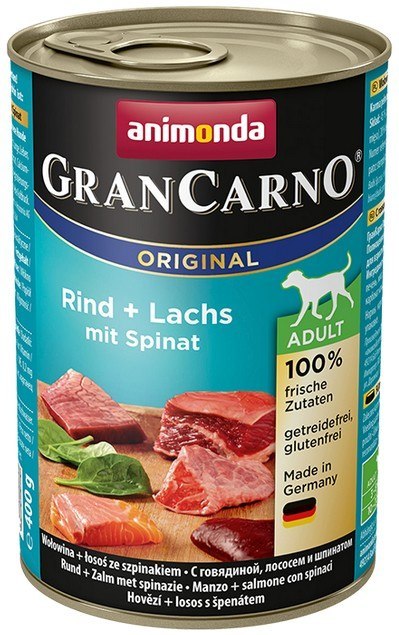 Animonda GranCarno Original Adult Rind Lachs Spinat Wołowina, Łosoś + Szpinak puszka 400g