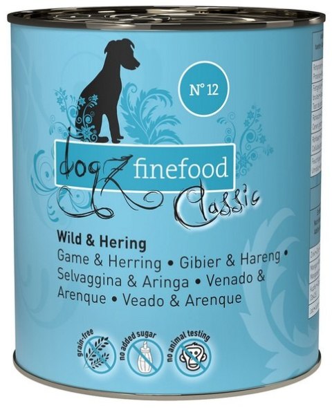 Dogz Finefood Classic N.12 Dziczyzna i śledź puszka 800g