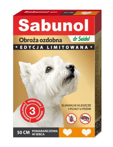 SABUNOL GPI obroża ozdobna pomarańczowa w serca przeciw kleszczom i pchłom dla psów 50 cm